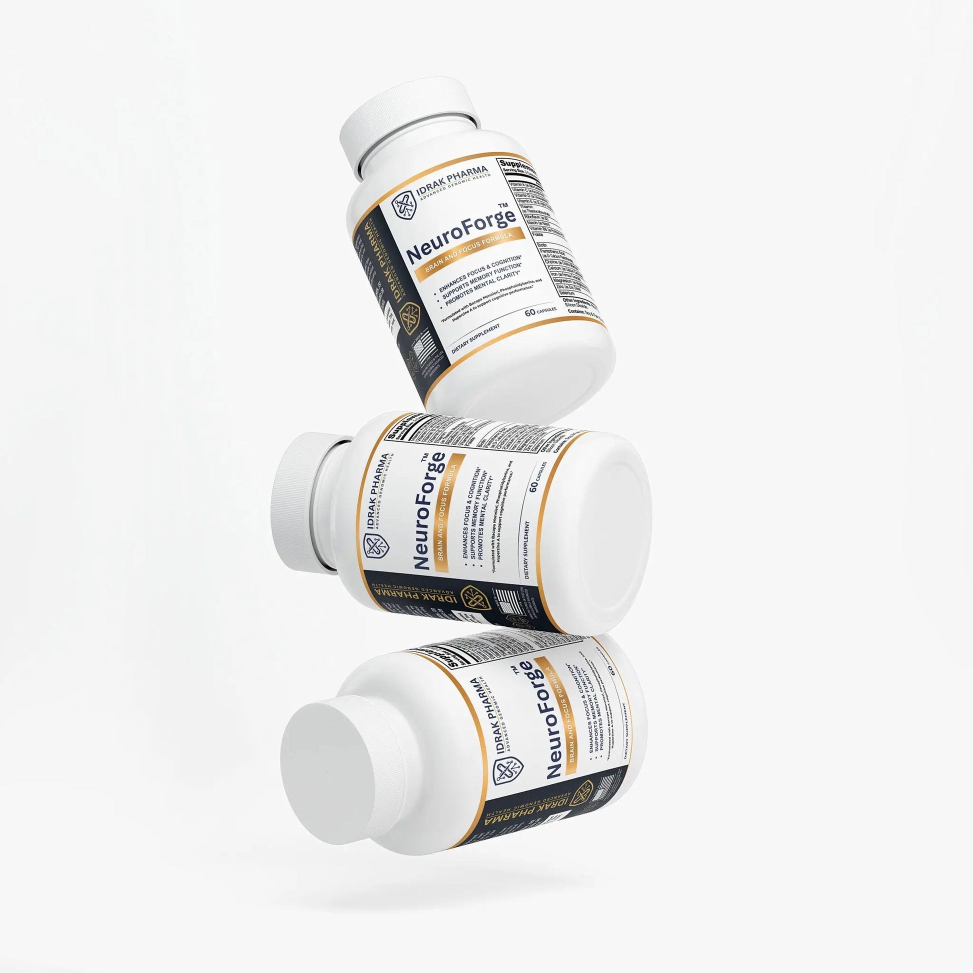 Three white supplement bottles labeled NeuroForge by Brain Forge, arranged in a floating diagonal stack on a clean white background.