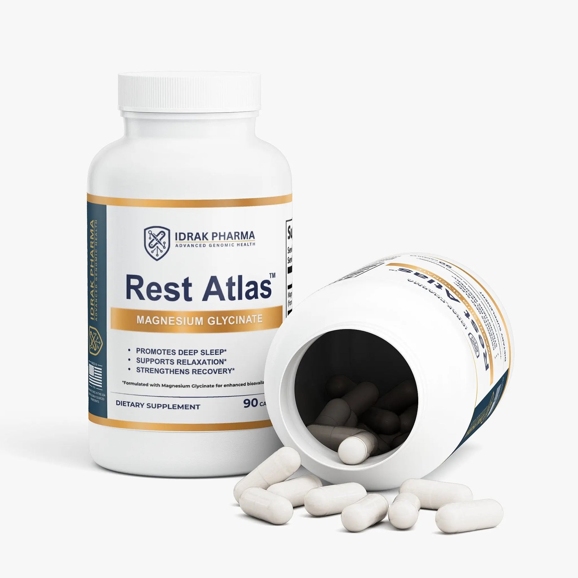 Rest Atlas Magnesium Glycinate Sleep Support Capsules bottle with capsules spilling out