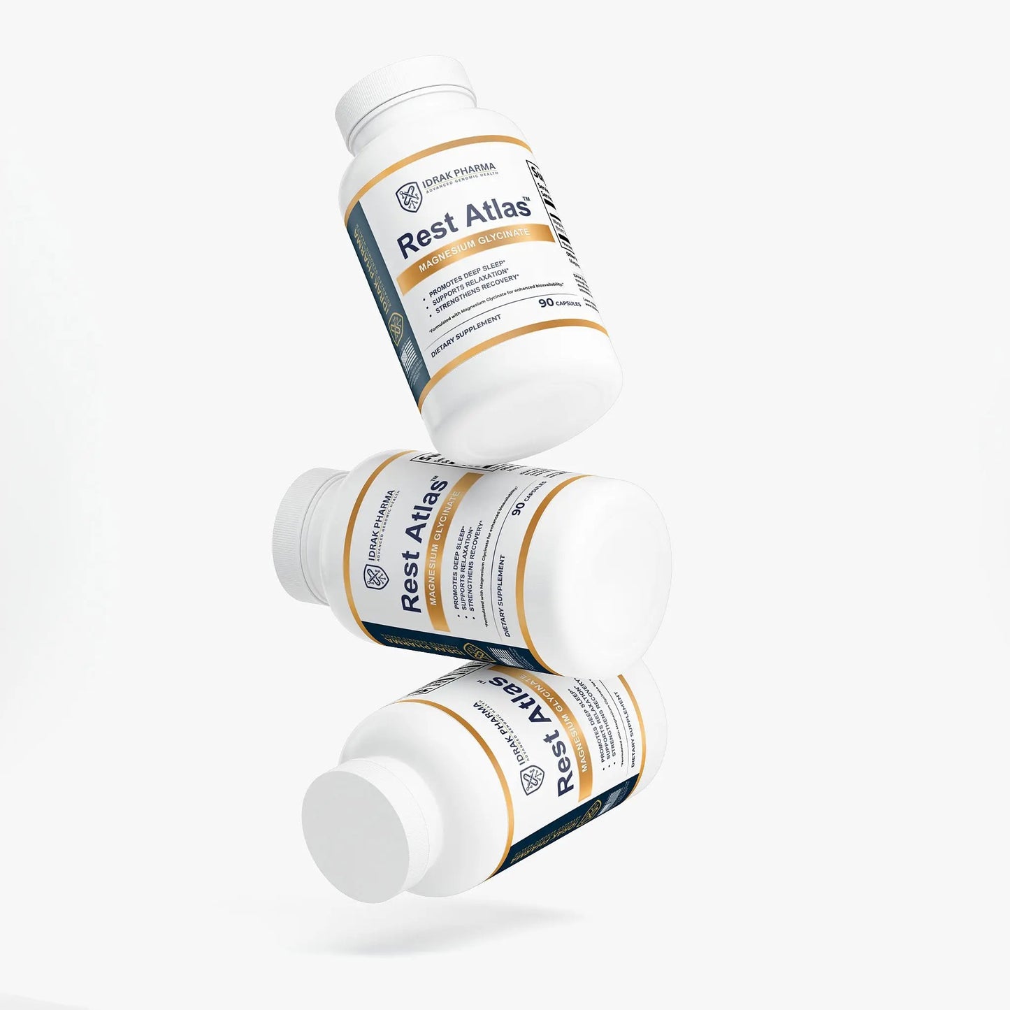 Three bottles of Rest Atlas Magnesium Glycinate Sleep Support Capsules stacked together