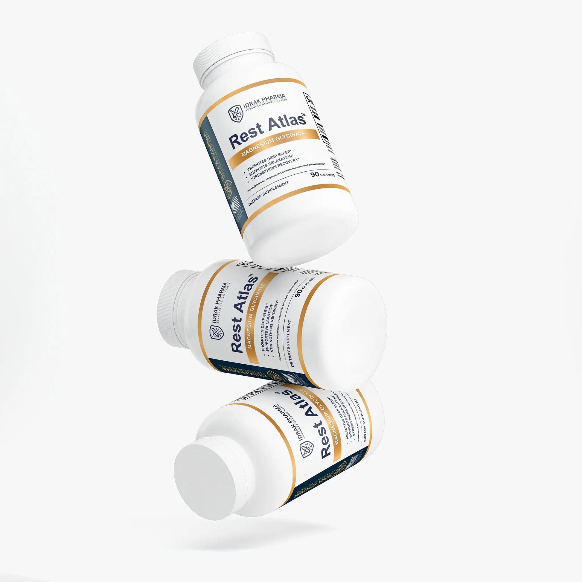 Three bottles of Rest Atlas Magnesium Glycinate Sleep Support Capsules stacked together