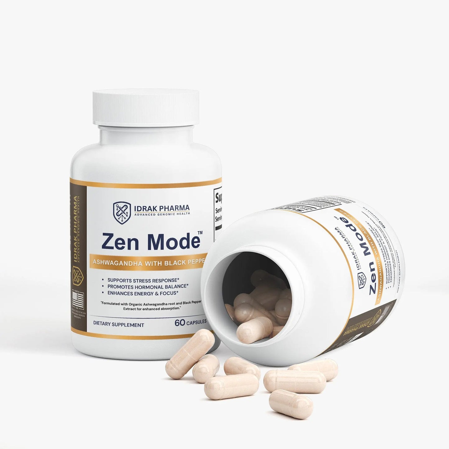 Zen Mode Ashwagandha Capsules bottle with capsules spilling out