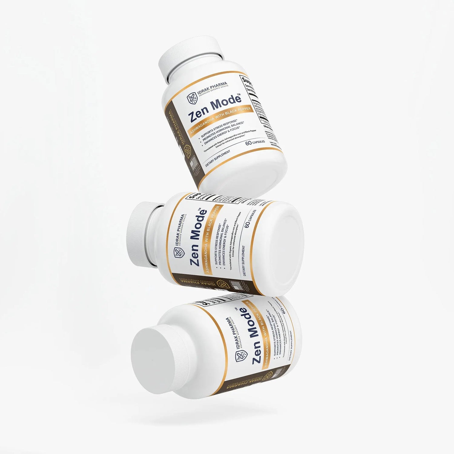 Three bottles of Zen Mode Ashwagandha Capsules stacked together