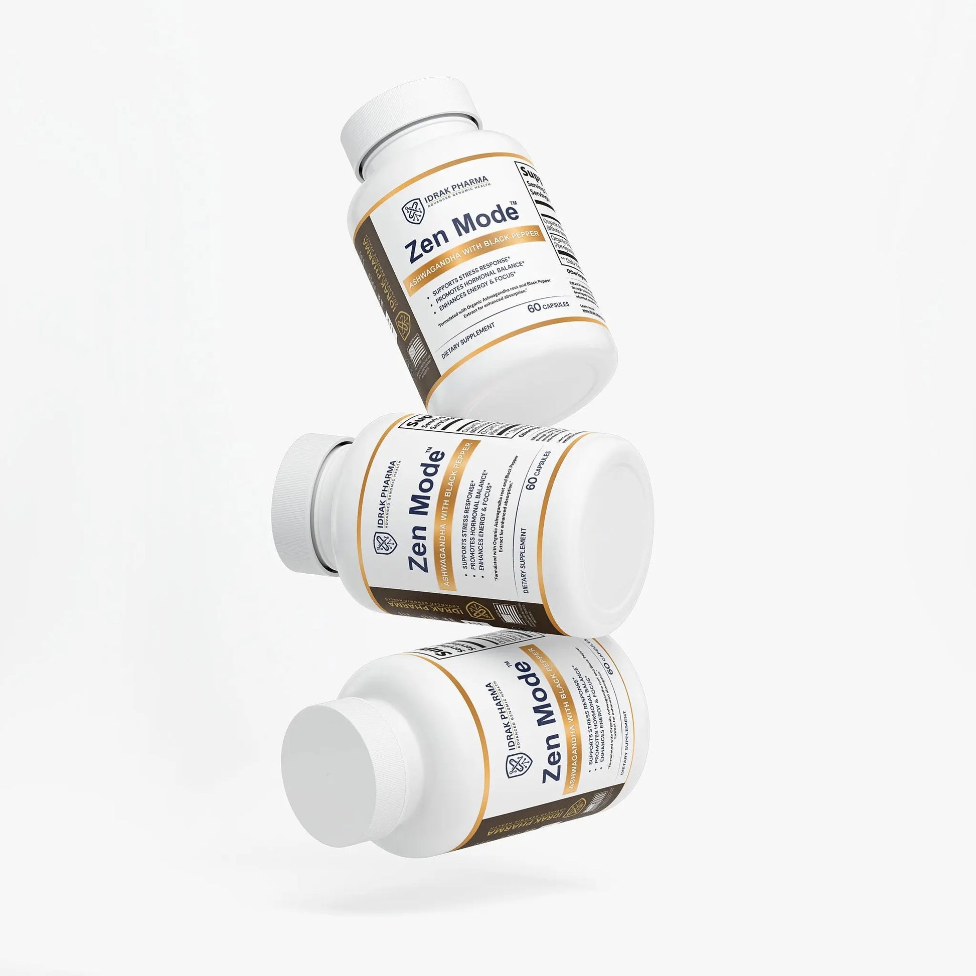 Three bottles of Zen Mode Ashwagandha Capsules stacked together